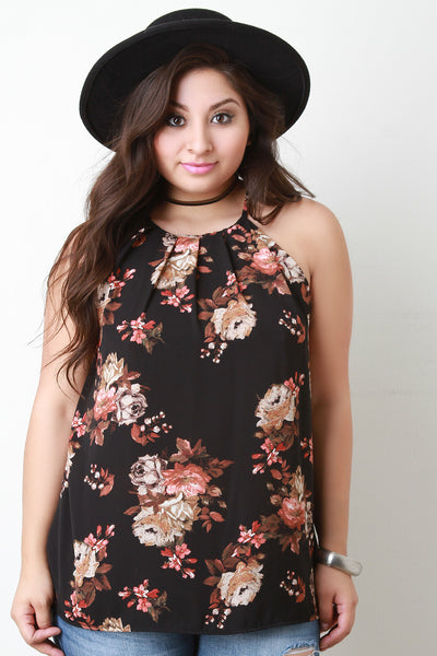 Floral Print Pleated Neckline Chiffon Top