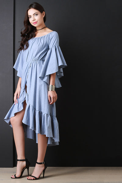 Chambray Boat Neck Ruffle Bell Sleeves Dress