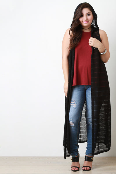 Striped Knit Sleeveless Hooded Maxi Cardigan