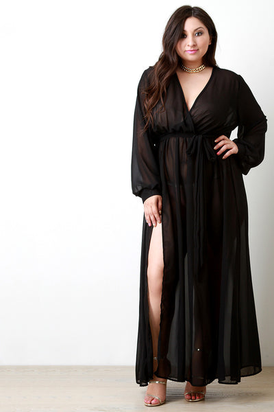 Sheer Chiffon Surplice Wrap Slit Maxi Dress