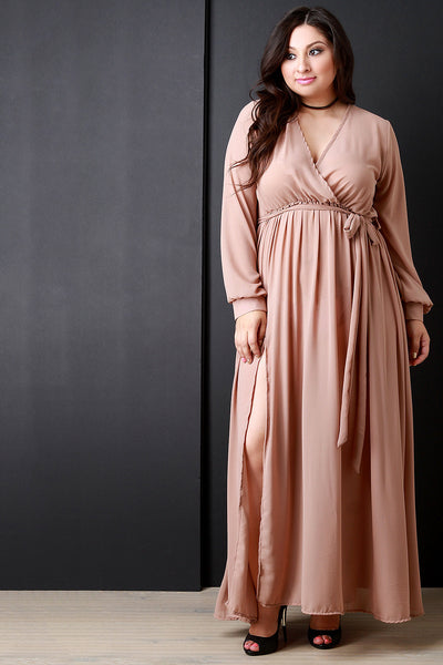 Sheer Chiffon Surplice Wrap Slit Maxi Dress