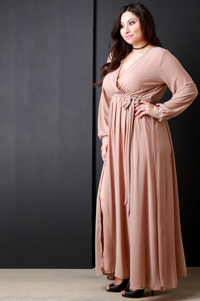 Sheer Chiffon Surplice Wrap Slit Maxi Dress