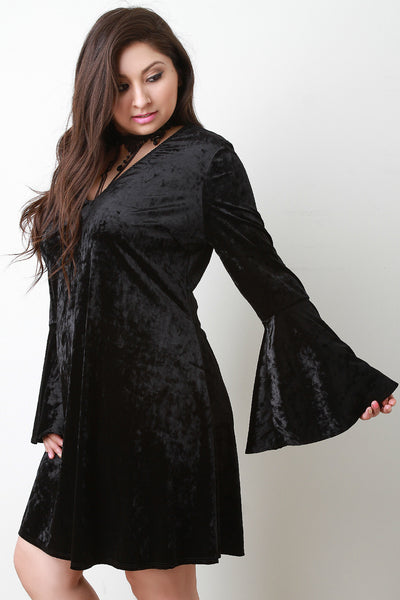 Crushed Velvet Choker Necklace Bell Sleeve Dress