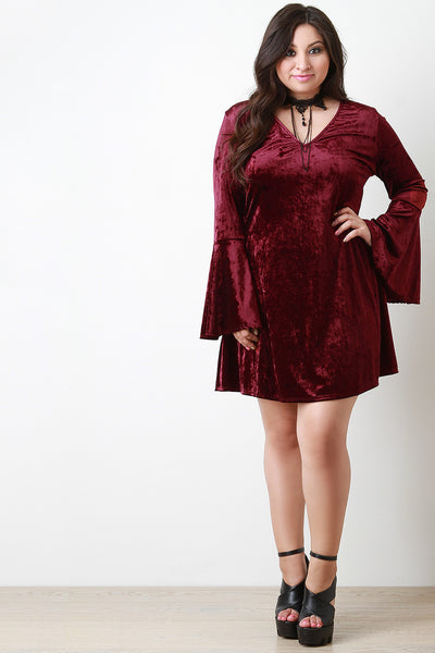 Crushed Velvet Choker Necklace Bell Sleeve Dress