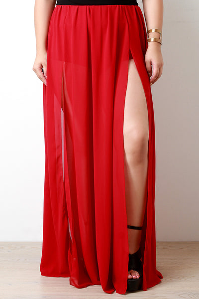 Double Slit High Waisted Chiffon Maxi Skirt