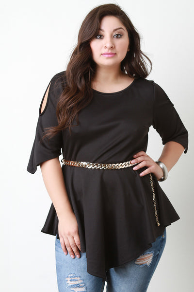 Cold Shoulder Peplum Chain Belted Top