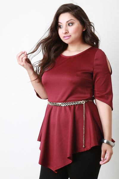 Cold Shoulder Peplum Chain Belted Top