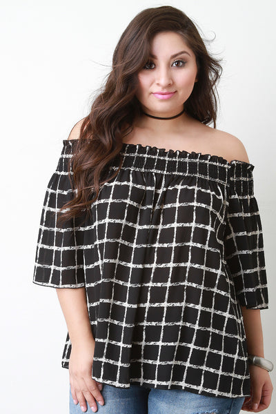 Off The Shoulder Grid Print Chiffon Top