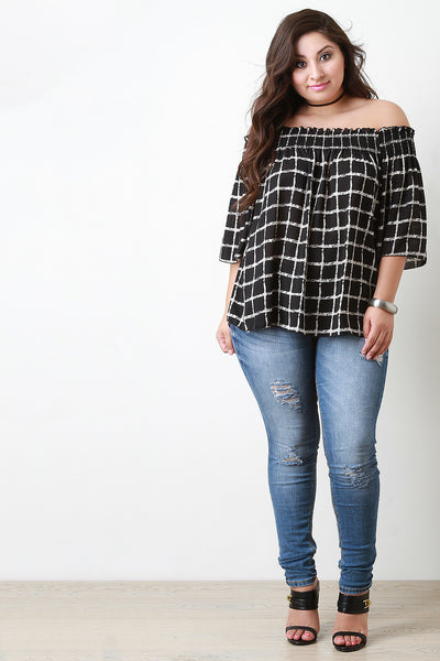 Off The Shoulder Grid Print Chiffon Top