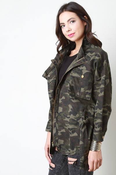 Camouflage Snap Button Belted Jacket