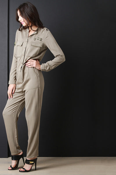 Patch Button Up Long Sleeve Jumpsuit