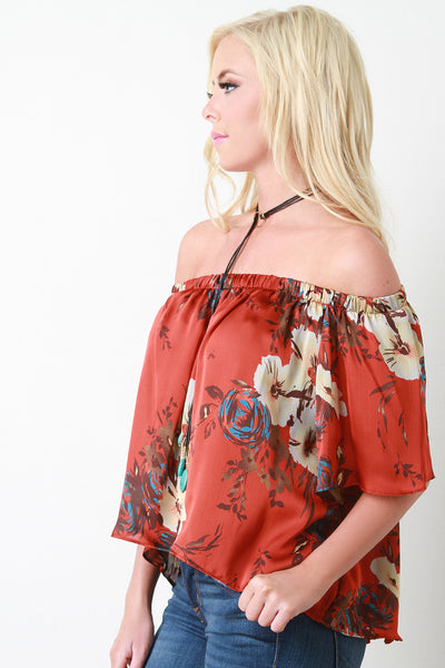 Off The Shoulder Floral Print Chiffon Top