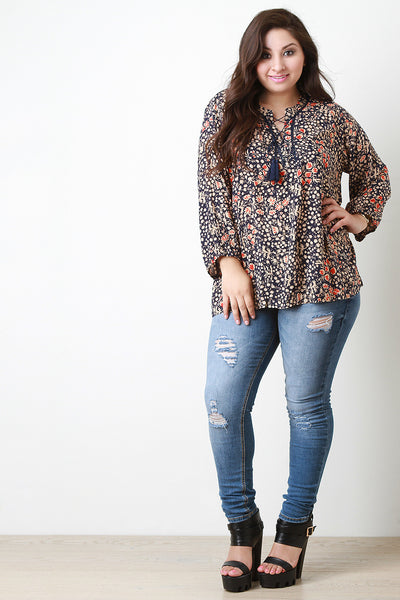 Floral Tassel Lace Up Long Sleeves Peasant Top