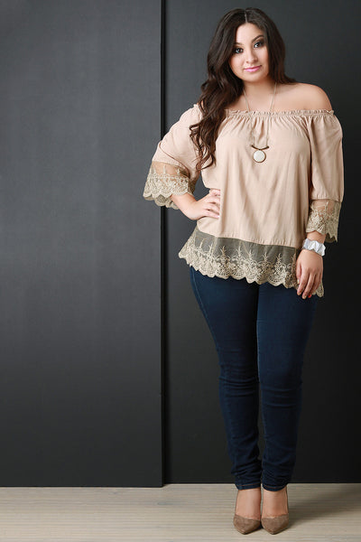 Off-The-Shoulder Scalloped Lace Hem Blouse Top