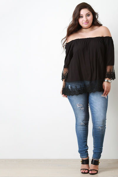 Off-The-Shoulder Scalloped Lace Hem Blouse Top