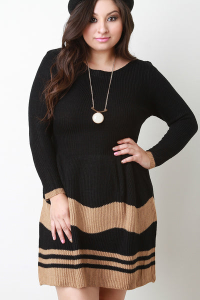 Stripe Knit Long Sleeves Fit And Flare Sweater Dress