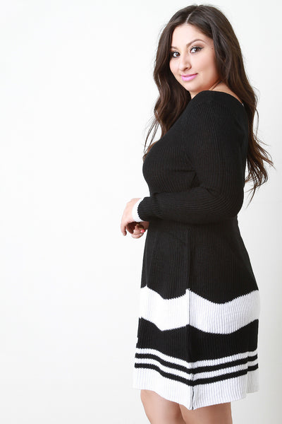 Stripe Knit Long Sleeves Fit And Flare Sweater Dress