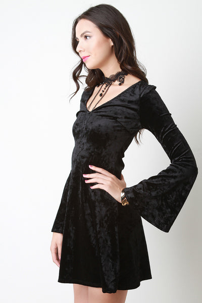 Crushed Velvet Choker Bell Sleeve Dress