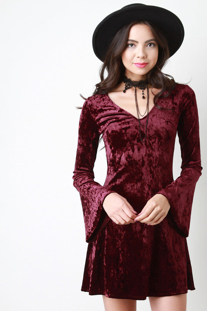 Crushed Velvet Choker Bell Sleeve Dress - Black / S Crushed Velvet Choker Bell Sleeve Dress - Black / S