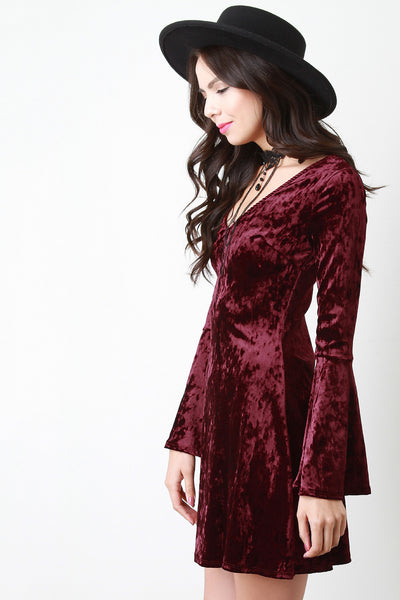 Crushed Velvet Choker Bell Sleeve Dress