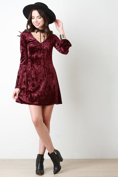 Crushed Velvet Choker Bell Sleeve Dress