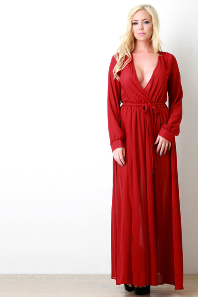 Chiffon Surplice Wrap Front Slit Maxi Dress