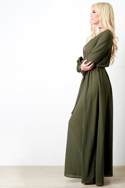 Chiffon Surplice Wrap Front Slit Maxi Dress