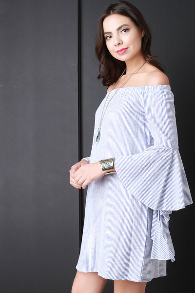 Striped Ruffle Sleeve Bardot Dress