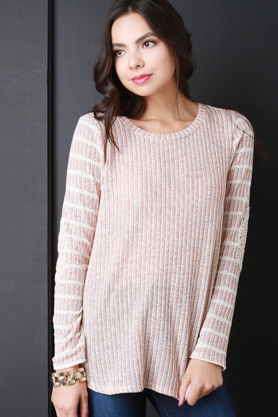 Striped Crochet Patch Long Sleeves Sweater Top