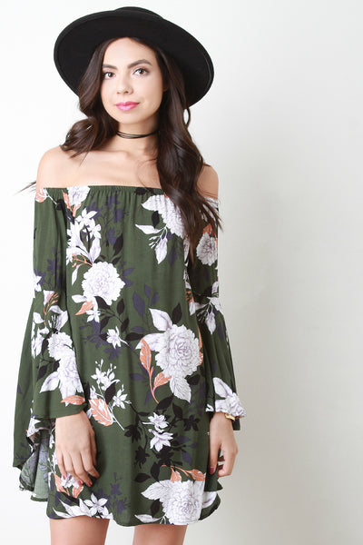 Floral Print Bell Sleeve Off-The-Shoulder Shift Dress