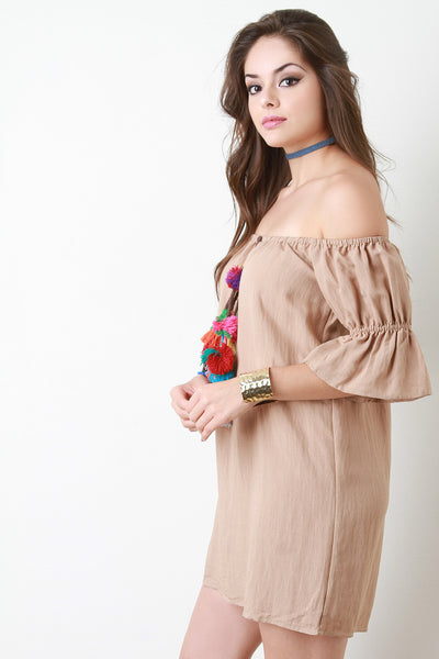 Colorful Tassel Ruched Sleeve Bardot Dress