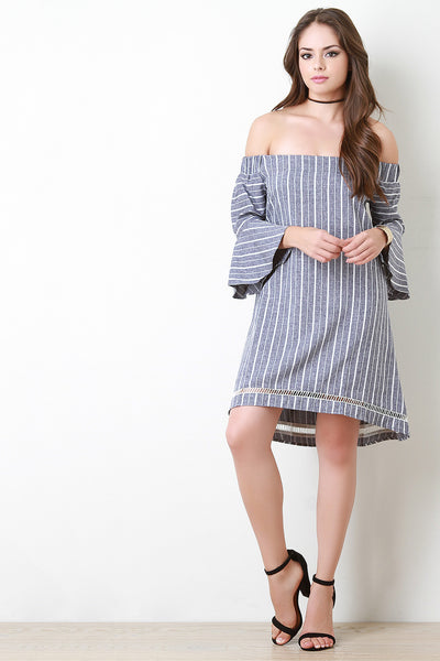 Striped Bell Sleeve Bardot Dress