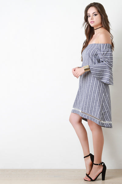 Striped Bell Sleeve Bardot Dress