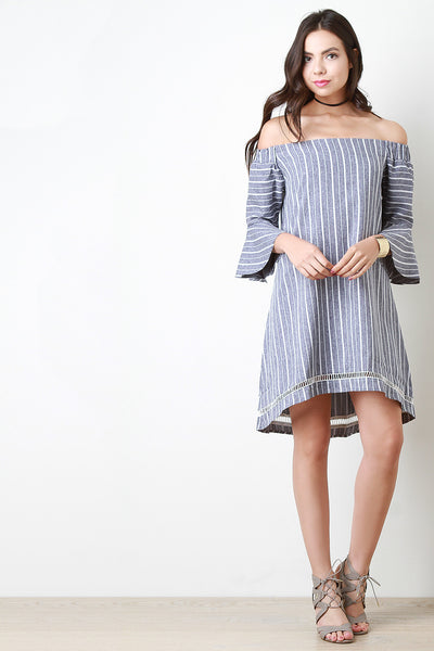 Striped Bell Sleeve Bardot Dress