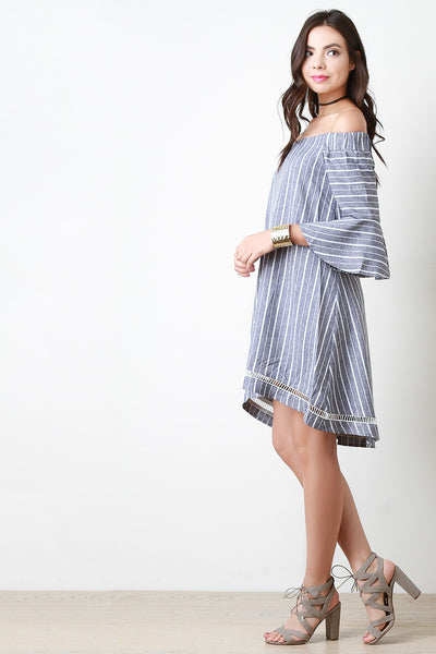 Striped Bell Sleeve Bardot Dress