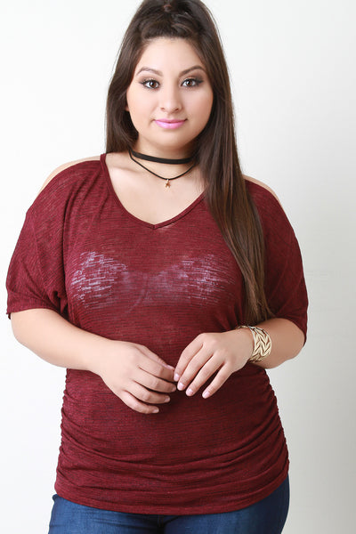 Marled Knit Ruched Cold Shoulder Choker Top