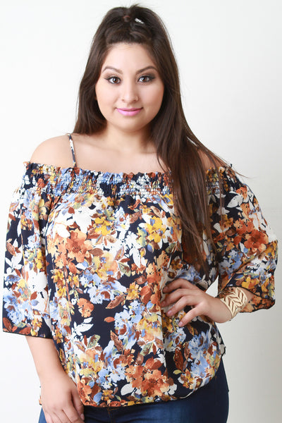 Cold Shoulder Smocked Floral Print Top