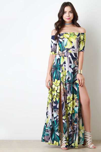 Off The Shoulder High Slit Floral Maxi Dress