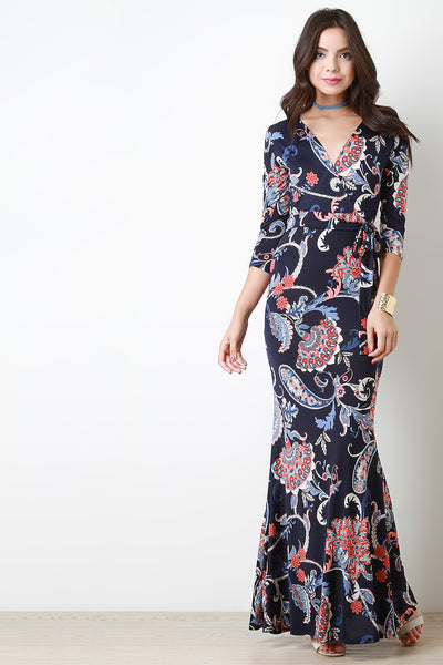 Paisley Pattern Surplice V Quarter Sleeves Dress