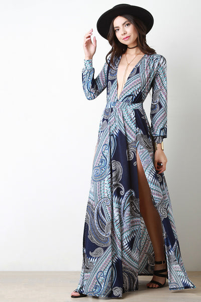 Bohemian Plunging V Cuff Sleeves High Slit Dress