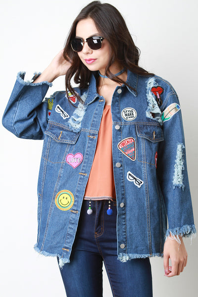 Patch Distressed Boxy Denim Jacket