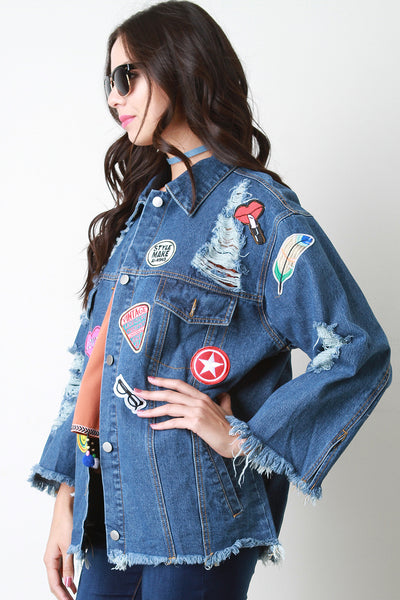 Patch Distressed Boxy Denim Jacket