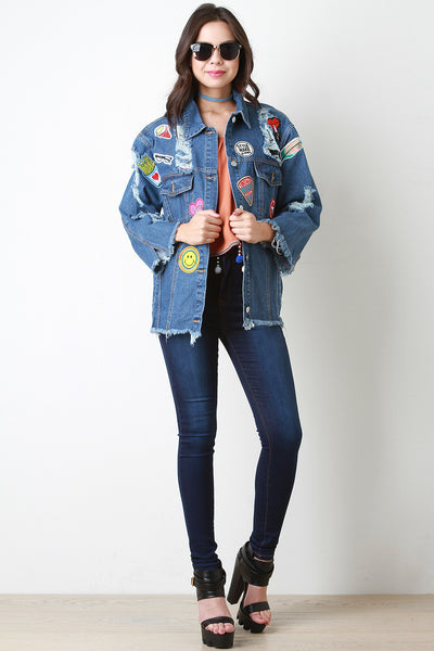 Patch Distressed Boxy Denim Jacket