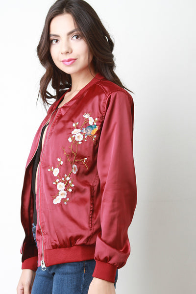 Floral Embroidered Charmeuse Bomber Jacket