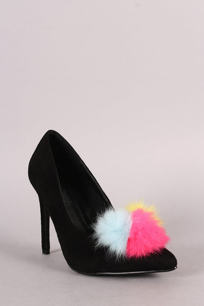 Multi Colored Pom Pom Suede Pointed Toe Heels