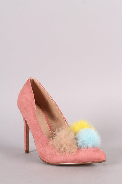 Multi Colored Pom Pom Suede Pointed Toe Heels