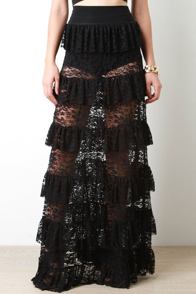 Semi-Sheer Floral Lace Ruffle Tier Maxi Skirt