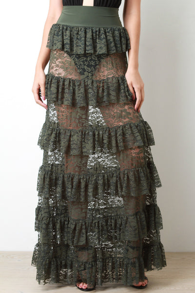 Semi-Sheer Floral Lace Ruffle Tier Maxi Skirt