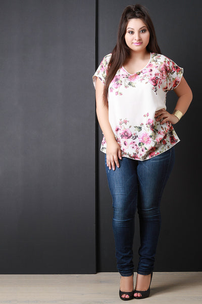 Semi Sheer Floral Short Sleeve Blouse