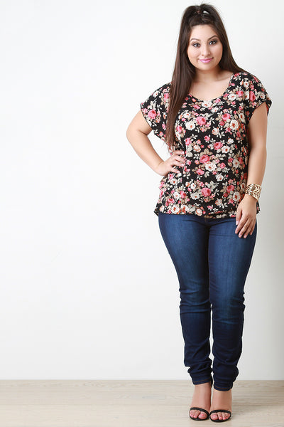 Semi Sheer Short Sleeves Floral Blouse